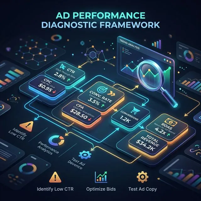 Ad performance diagnostic framework showing paired metrics for CTR Ratio, Click to Landing Page Rate, and LP to Lead Rate