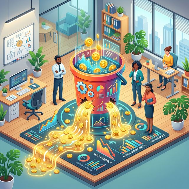 The hidden cost of no marketing strategy shown as a leaking bucket of opportunities