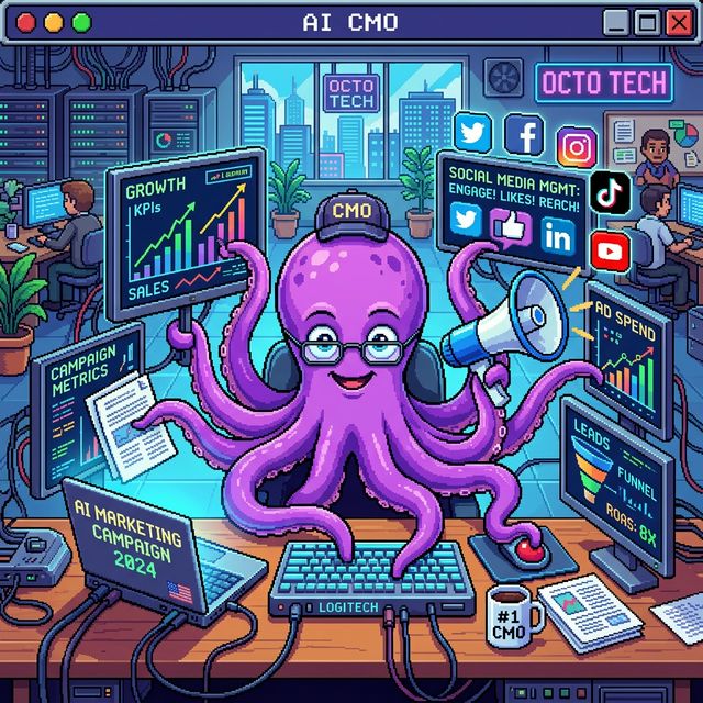 AI CMO system diagram showing a pixel art octopus acting as a marketing manager managing strategy, content, SEO, and ad analysis